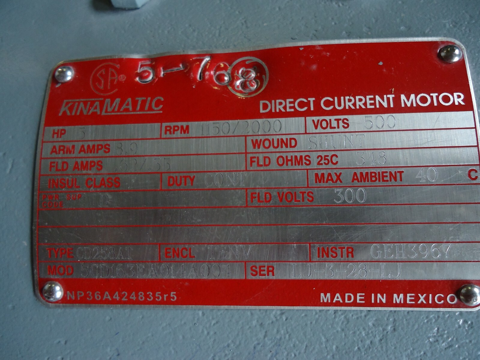 KINAMATIC CD258AT DIRECT CURRENT MOTOR 5 HP 1150/2000 RPM 500 V 50D163EAO14A001