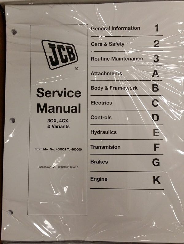 JCB 3CX, 4CX, 214, 214, 215, 217 Service Repair Shop Manual – Part # 9803/3260