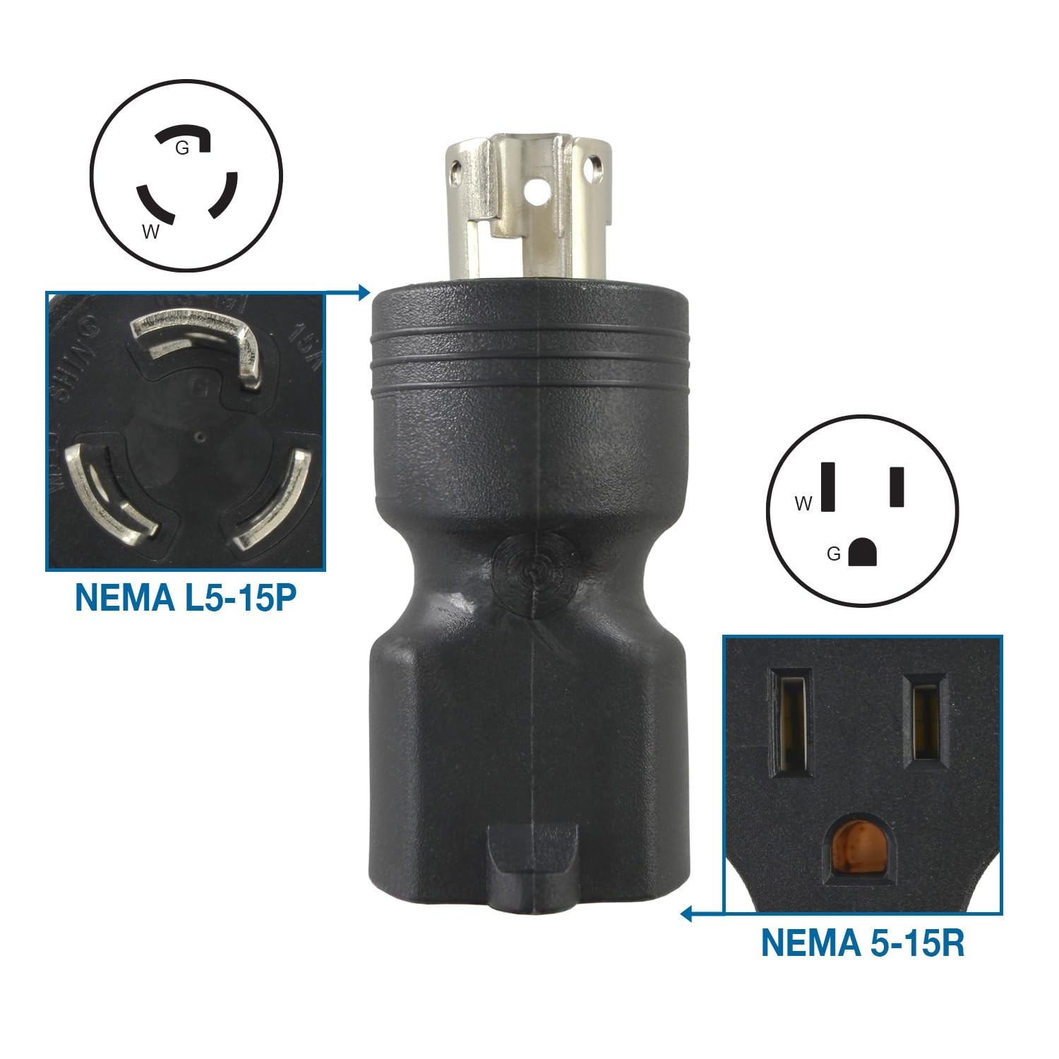 Conntek 30120 UNO Locking Plug NEMA L5-15P to NEMA 5-15R 125-Volt Adapter Bla…