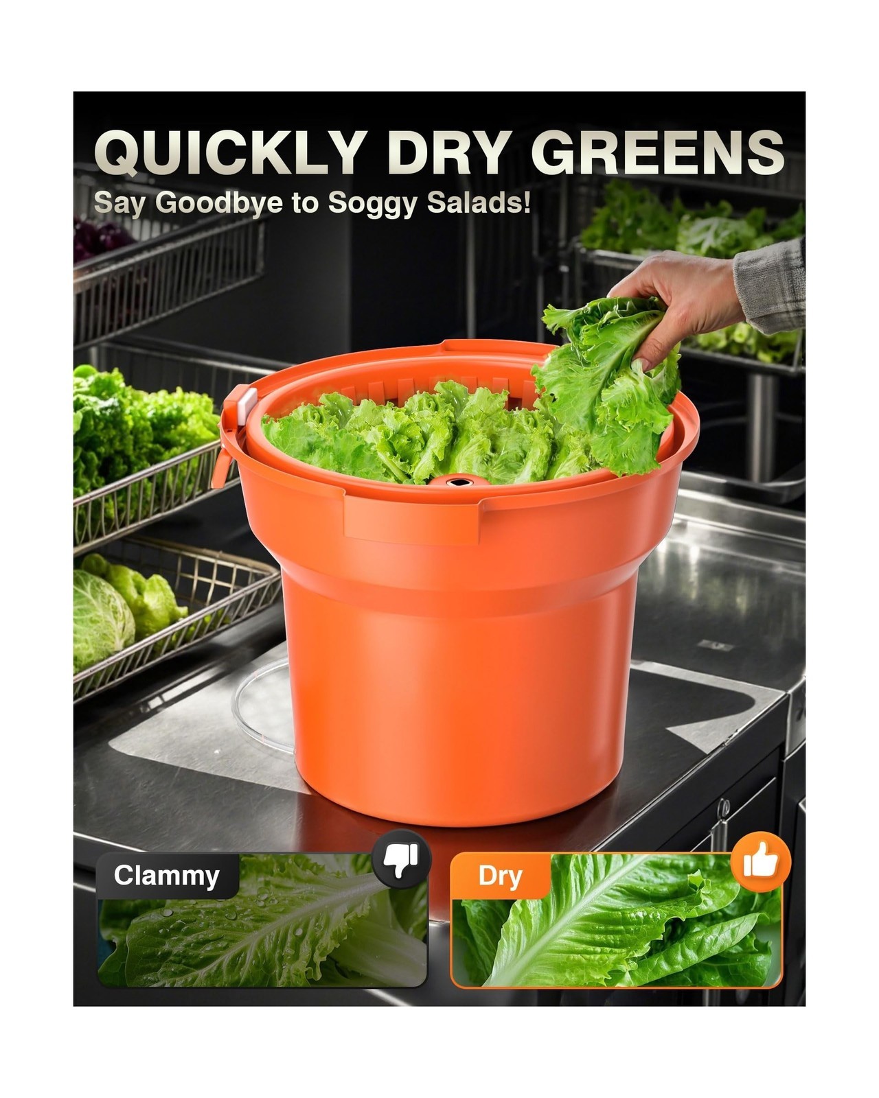 Salad Spinner, 2.5Gal Dryer w/ Alum Handle & Drain, 10Qt, for 3 Heads