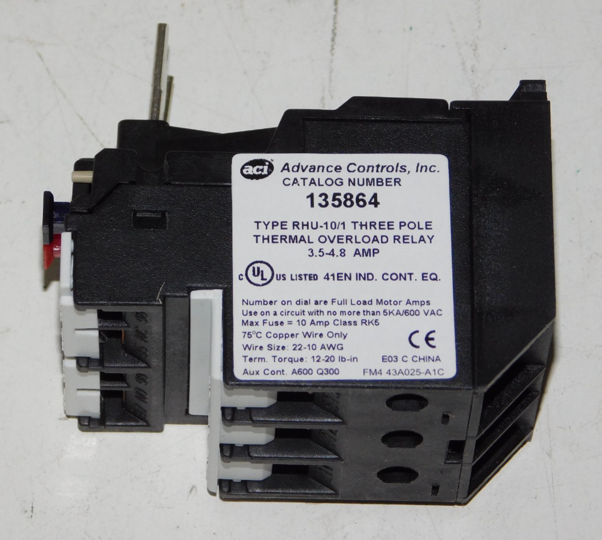 New Advance Controls 135864 ACI RHU-10/1 3 Pole Thermal Overload Relay 3.5-4.8A