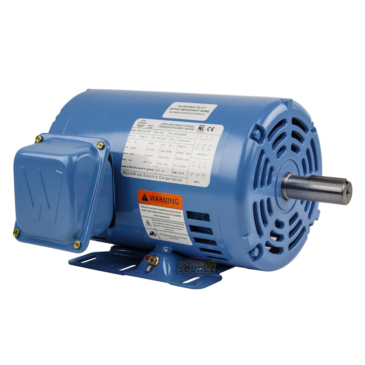 1.5 HP 3 Phase Electric Motor 1800 RPM 145T Frame ODP Open Drip Proof 230/460V