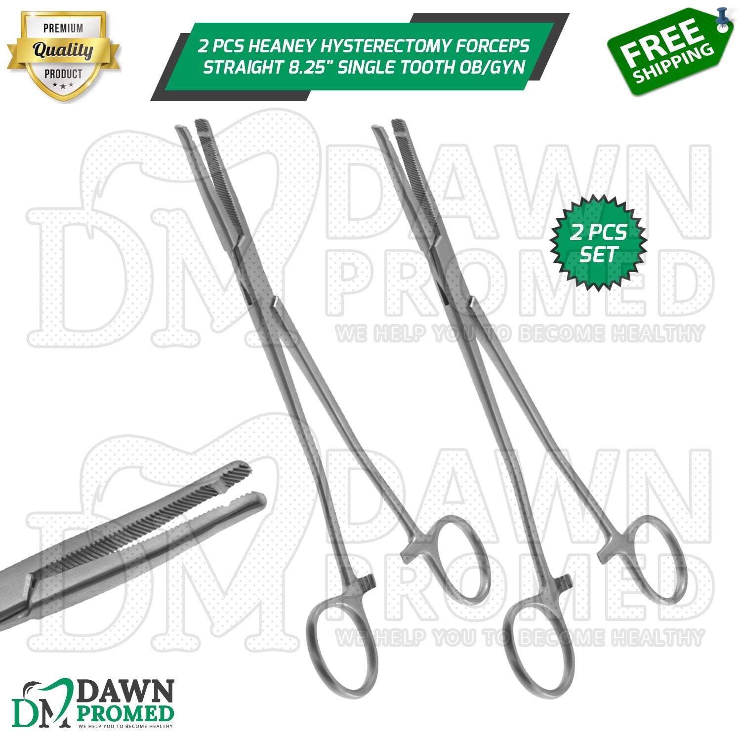 2 Pcs Heaney Forceps Single Tooth Straight Set 8.25″ OB/GYN Instrument German Gr