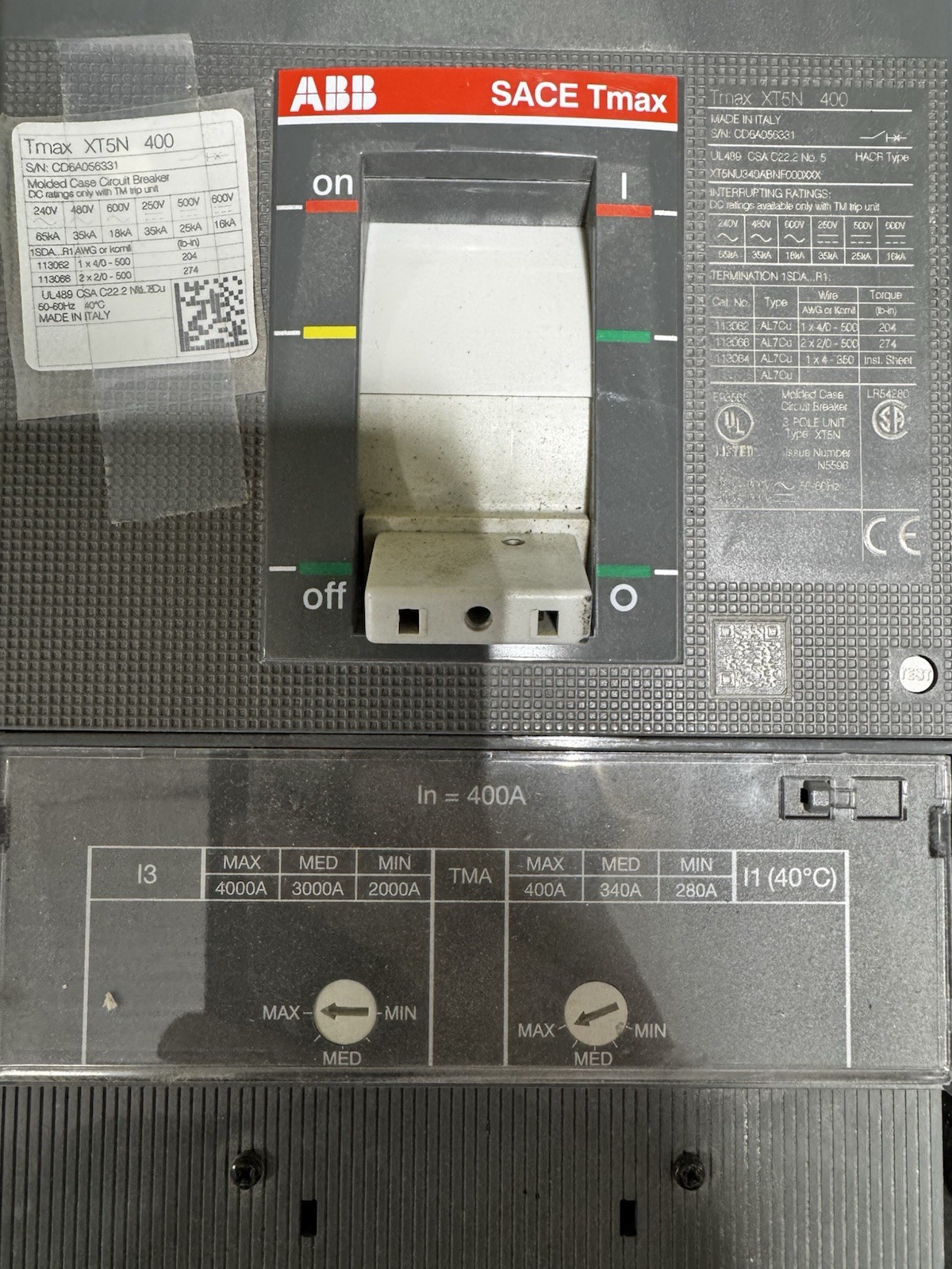 ABB SACE Tmax XT5N 400 3-Pole 400A Molded Case Breaker XT5NU340ABFN000XXX