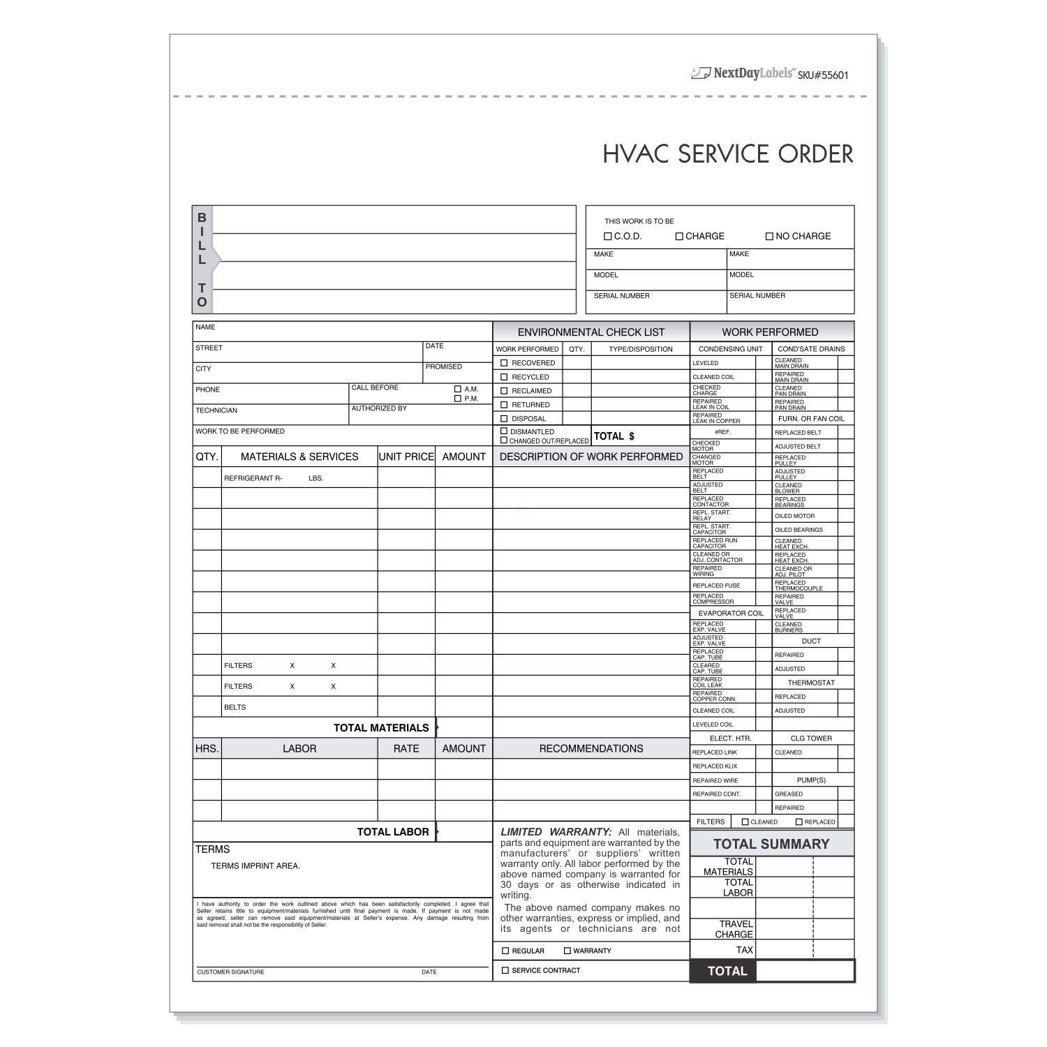 HVAC Service Order Invoice & Repair Detail Form, 3 Part 100 Pack – No Name