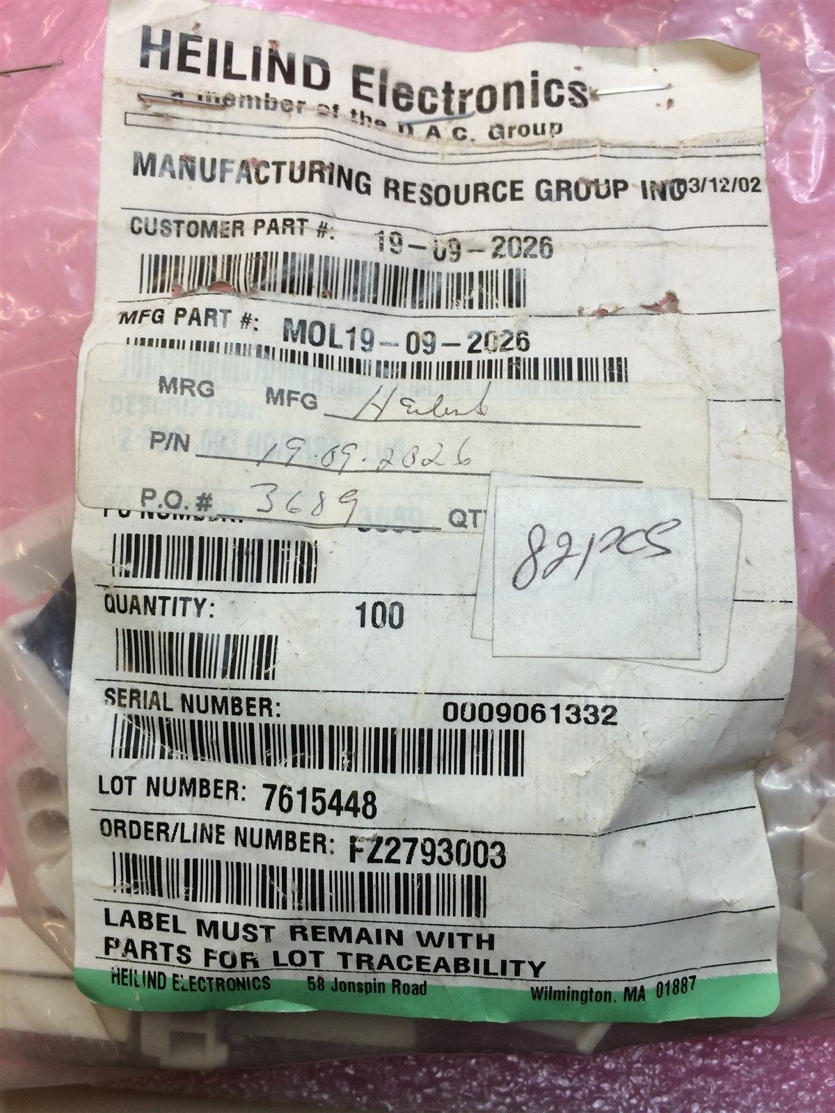 19-09-2026 MOLEX .093 NYLON HOUSING 20 PIECES