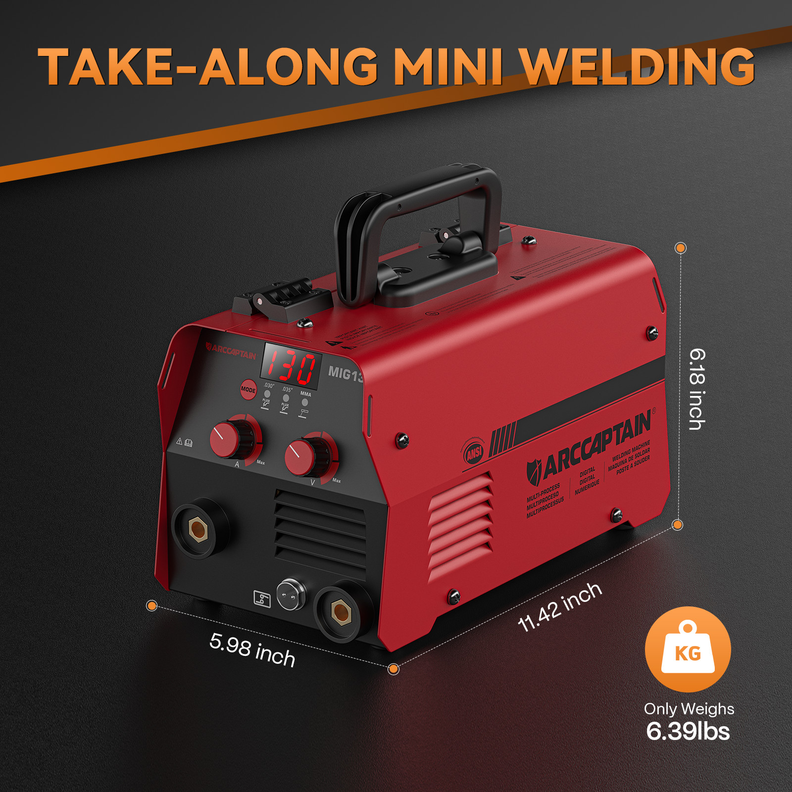 ARCCAPTAIN MIG130 130A 3-in-1 MIG/TIG/MMA Welder w/Digital Screen, O.C O.H Prote