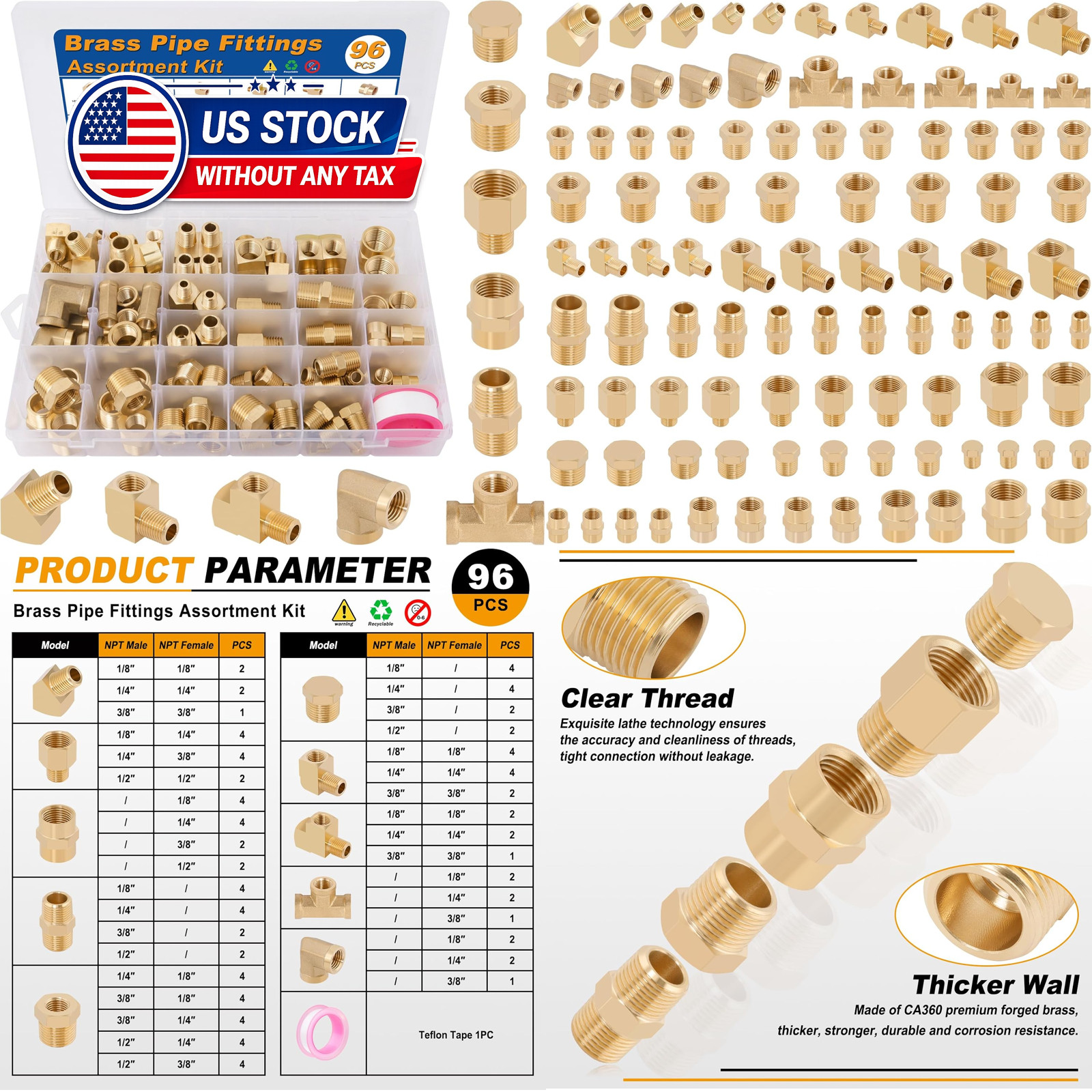 96PCS Brass Pipe Fittings Assortment Kit – NPT Adapter, Reducer Bushing, Hex