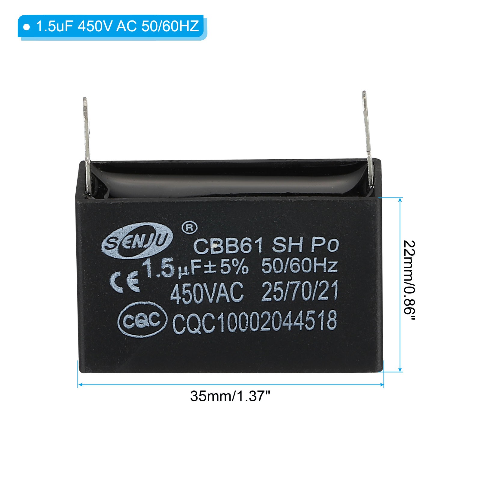 10Pcs CBB61 Ceiling Fan Capacitor 1.5uF 450V AC 50/60HZ with 2pins 35x23x22mm