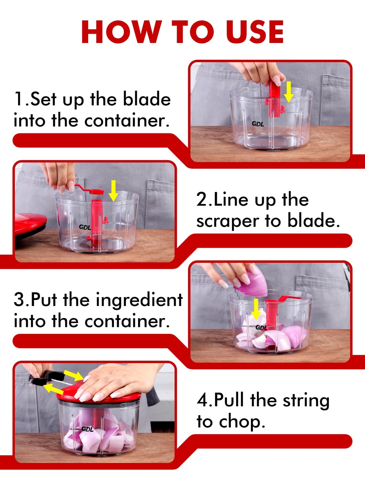 GDL Food Chopper, Pull Onion Chopper Dicer, Hand Powered 3.4 cup, Red
