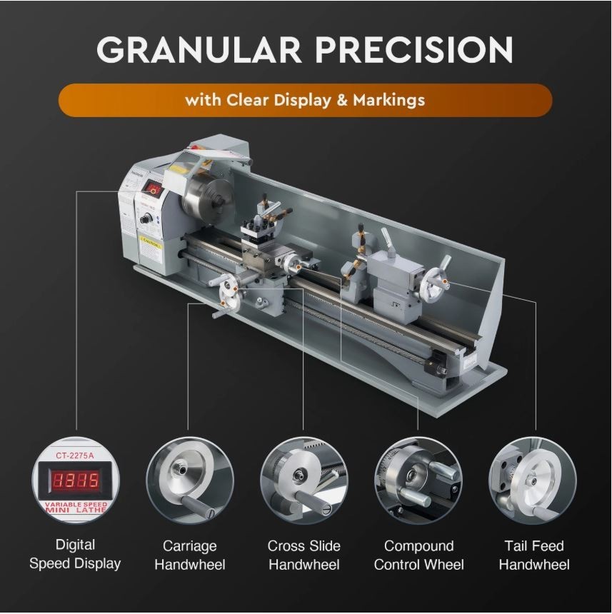 9×30″ Mini Metal Lathe 1100W DC Motor 3-Jaw Chuck LCD Display Metalworking