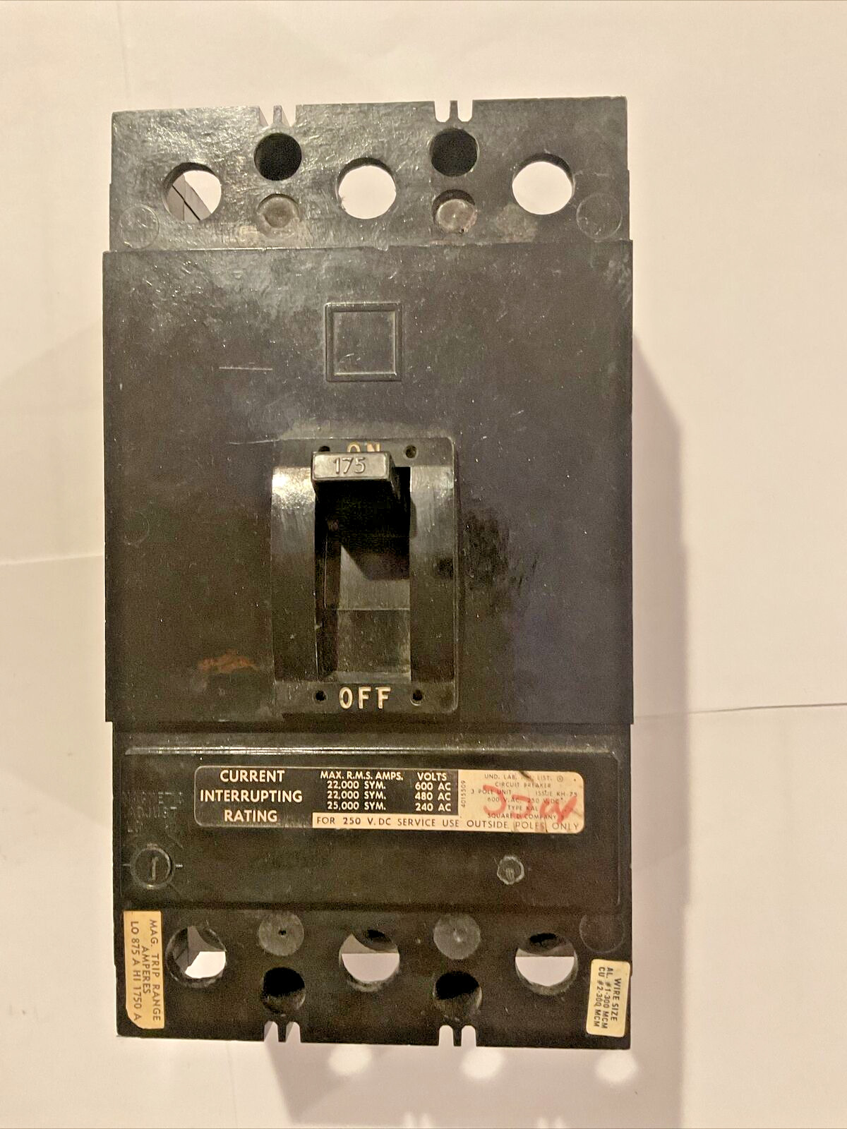 Square D 175 Amp 22kA@480V 25kA@ 240v Max Circuit breaker KAL36175