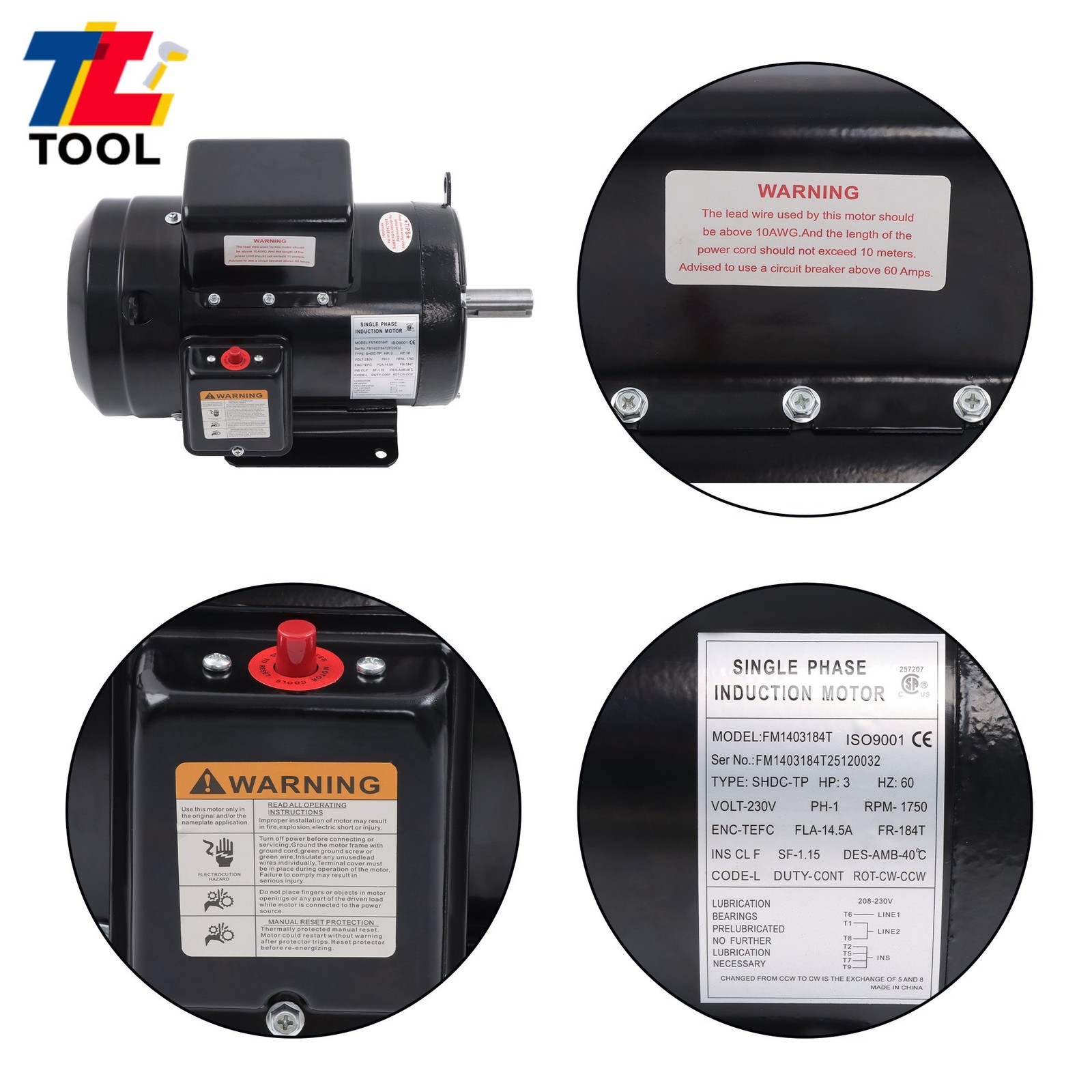 Farm Duty 3HP Motor 1800 RPM TEFC 184T 1 Phase 208/230V 60Hz Reversible