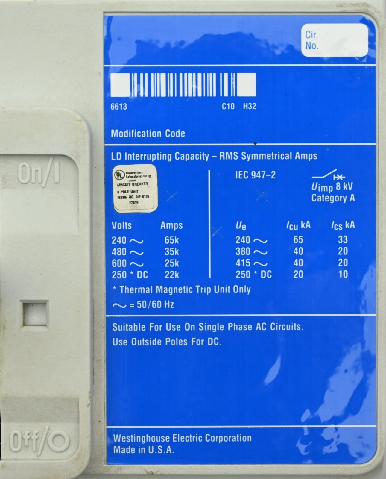 Westinghouse LD3600F Industrial Circuit Breaker 6633C81G03 600A 600VAC/250VDC 3P