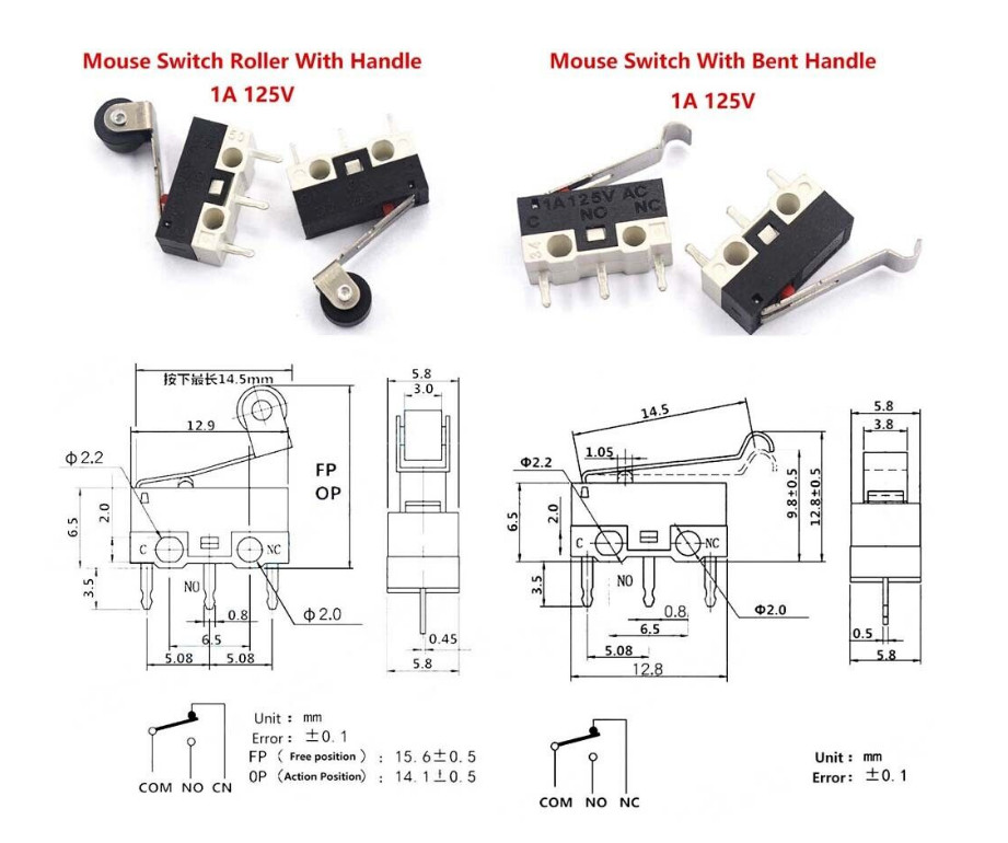 Mini Microswitch 3 Pin 1A 125V AC Limit Switch Mouse Button or Lever 3D Print
