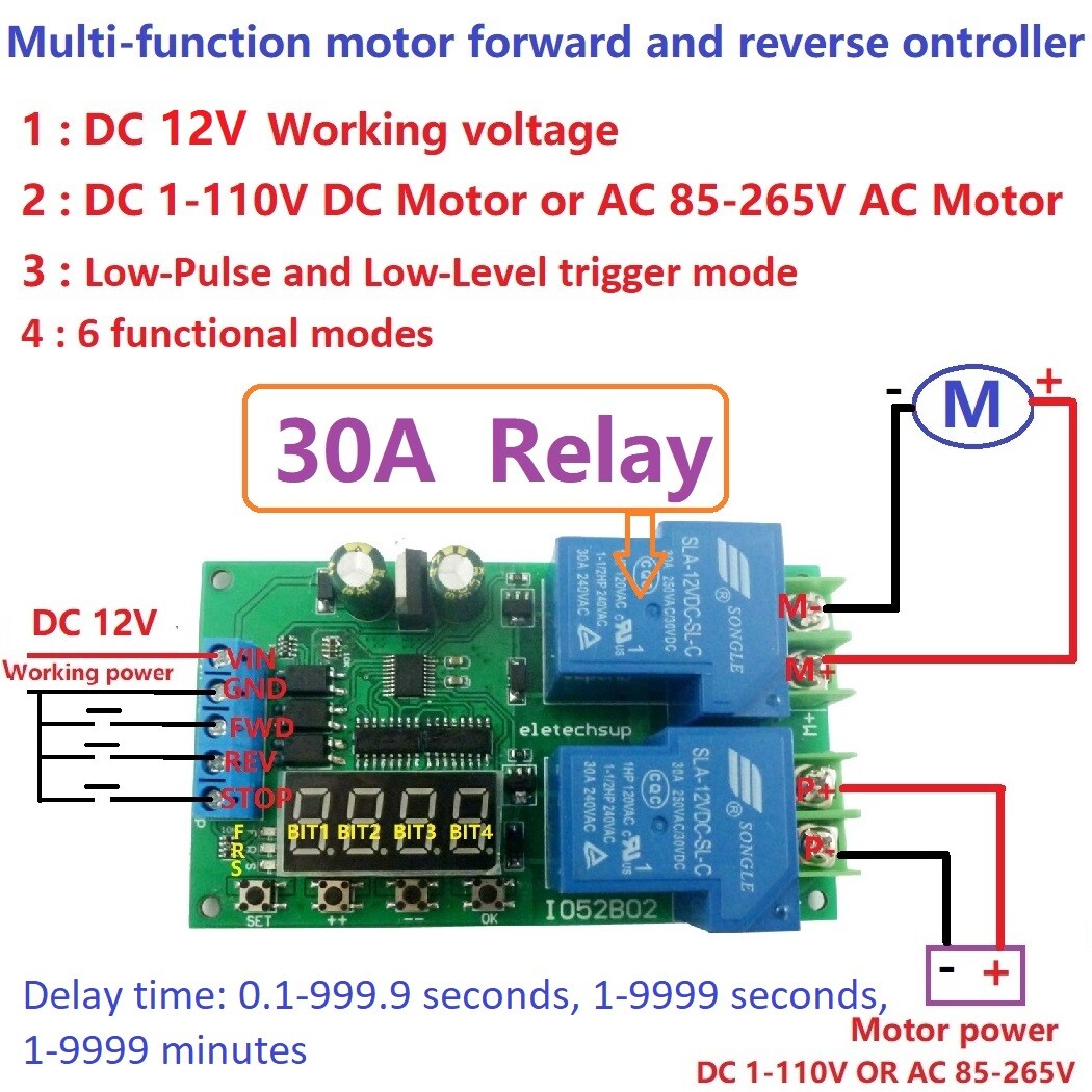 30A12V DC/AC Motor Forward & Reverse Controller 0.1-999.9S Delay Relay Modul