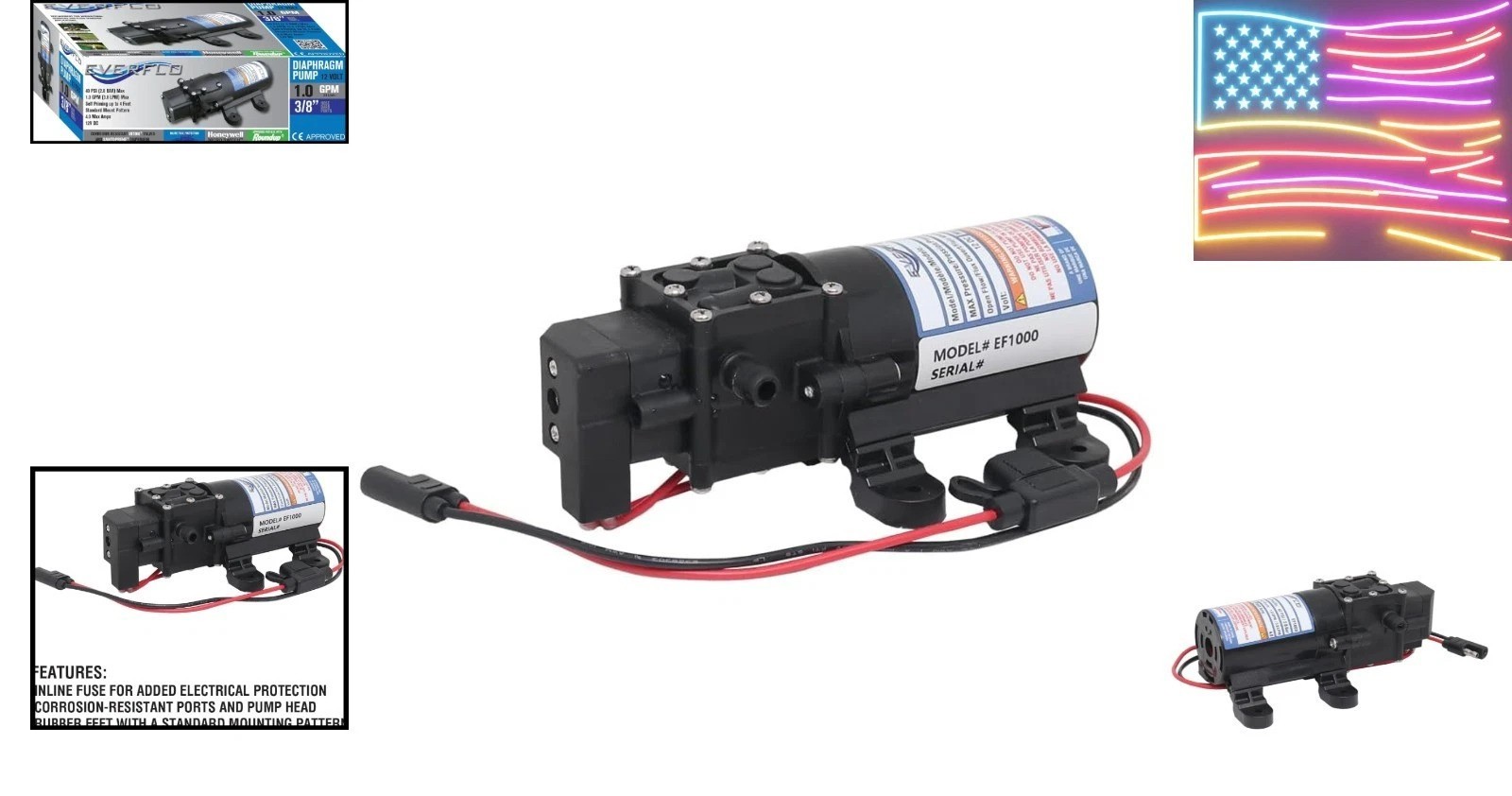 EF1000-BOX 12V Diaphragm Pump with 3/8″ Hose Barb Ports, 1.0 Gpm.