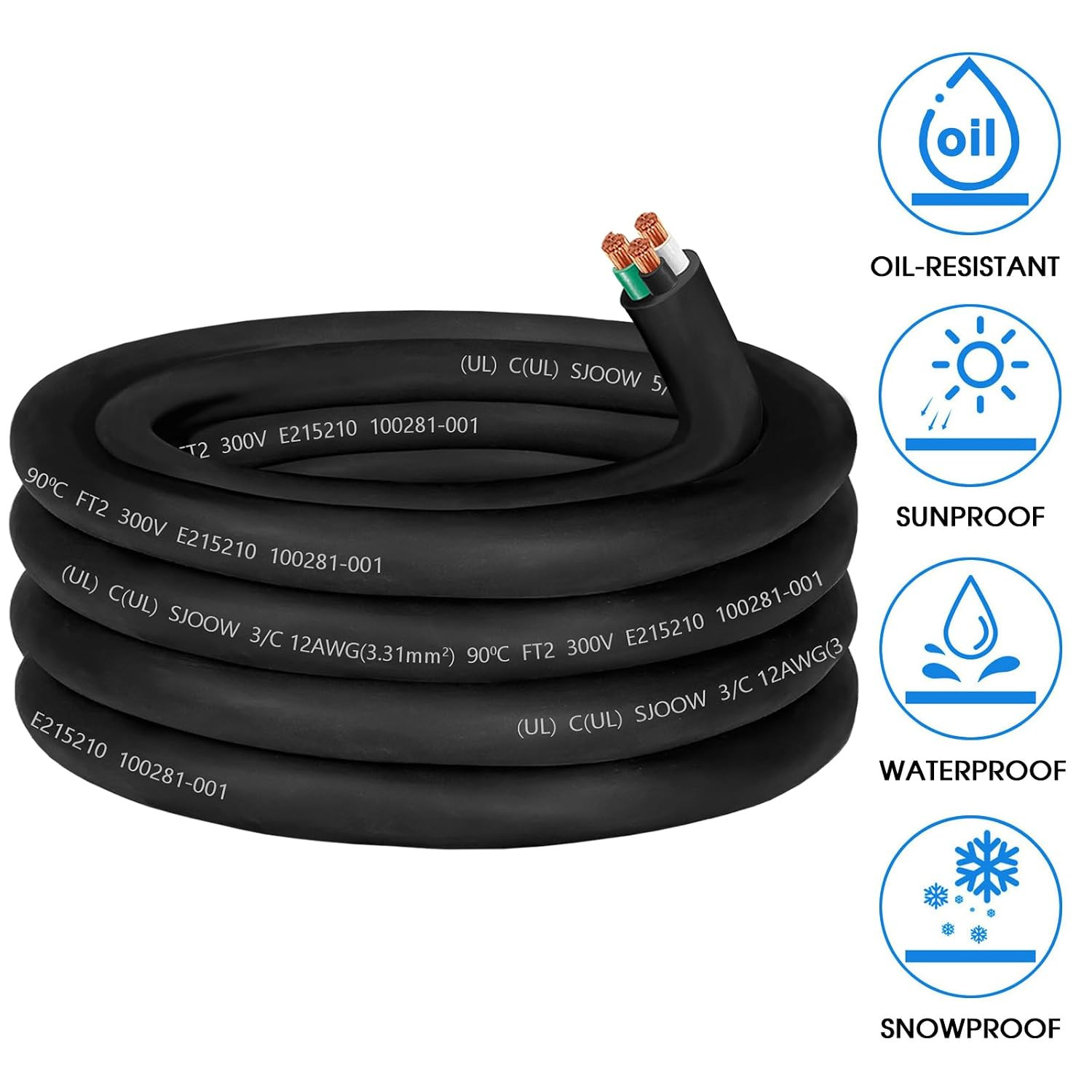 12/3 Wire 12 AWG SJOOW Portable Power Cable,300V 12 Gauge 3 Conductor SJOOW Exte