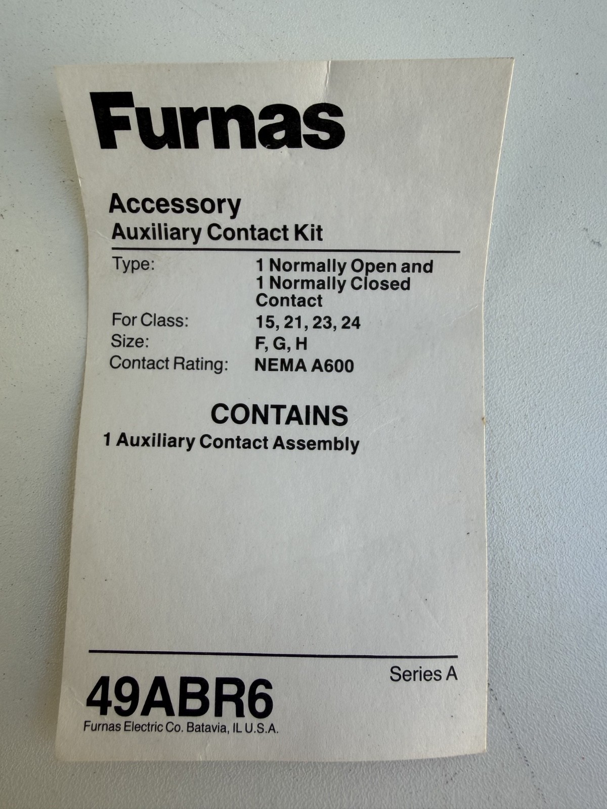 Furnas 49ABR9 Series A Auxiliary Contact Kit 1NO Side Mount NEMA A600 P600 NOS
