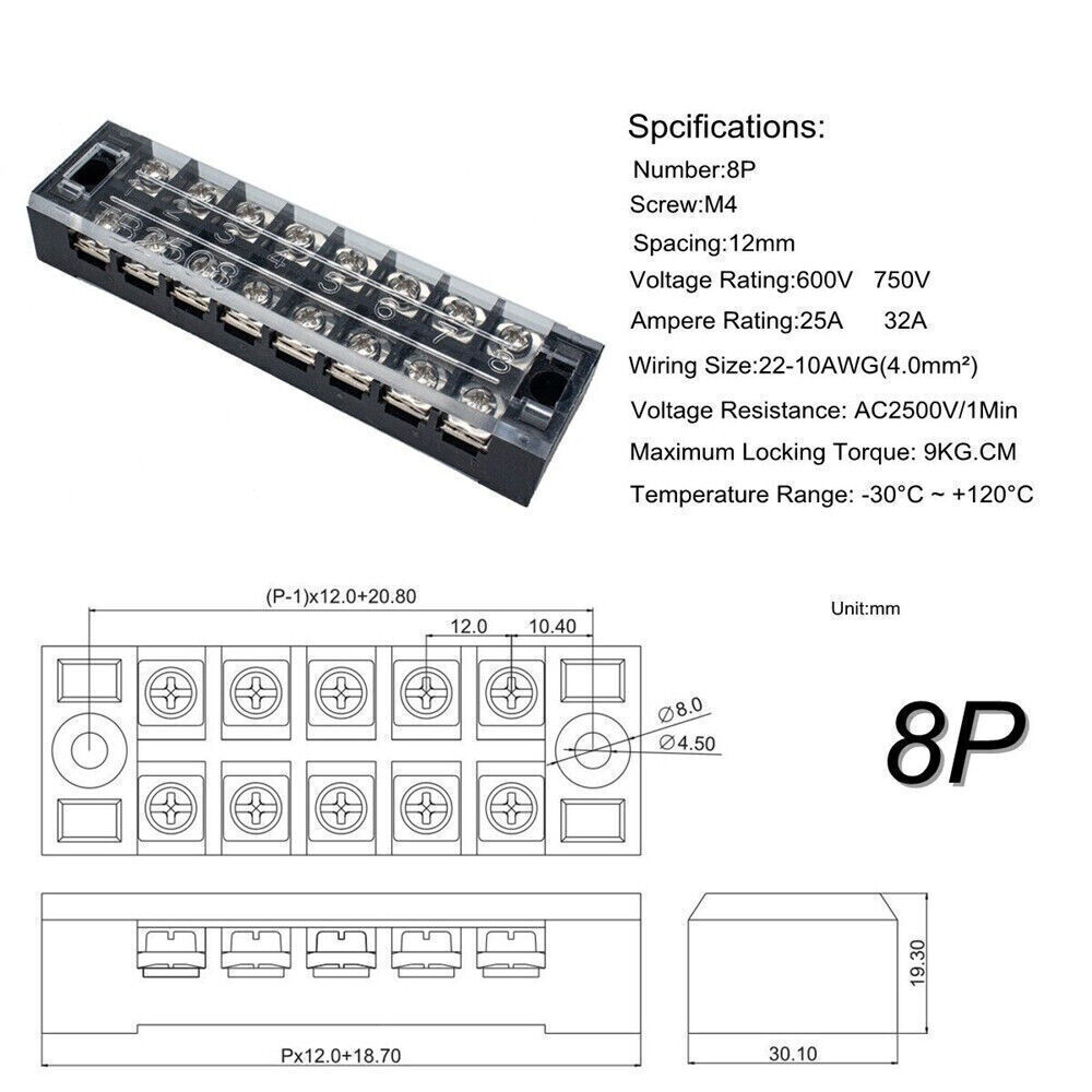 Dual Row 8 Position Screw Terminal Electric Barrier Strip Block 600V 25A 1-10Set