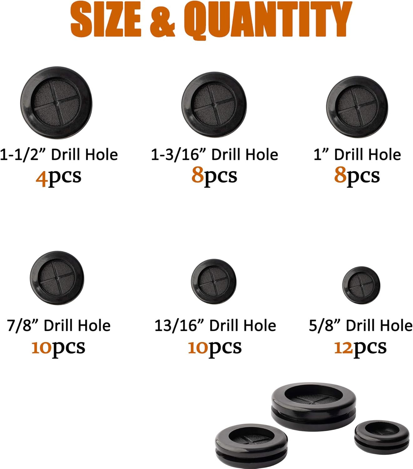 52Pcs 6 Sizes Rubber Grommet, Double Sided round Rubber Hole Plug, Drill Hole 5/