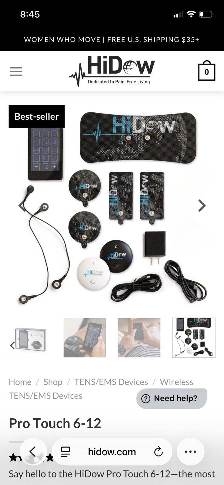 HiDow Pro Touch 6-12 Wireless TENS/EMS Unit Touchscreen with accessories