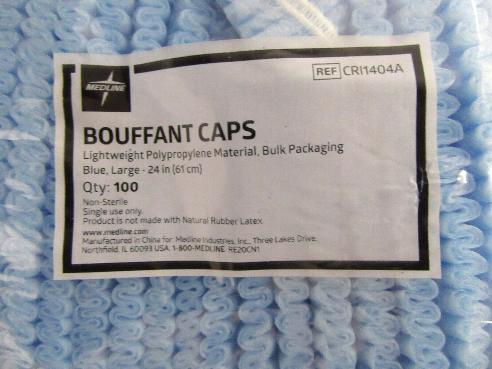 100 Count – Medline 24″ Blue Bouffant Cap Non-Woven Disposable Hairnet CRI1404A