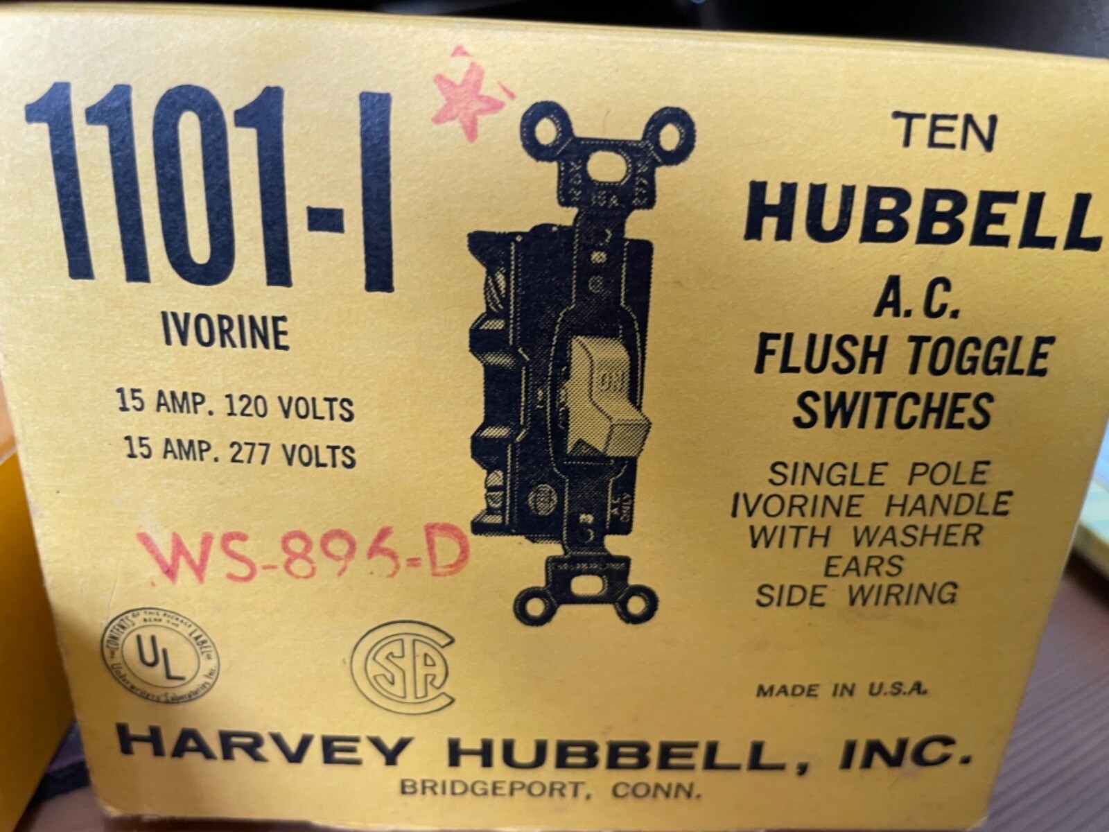 NEW 10 BOXES HARVEY HUBBELL A.C. FLUSH TOGGLE SWITCHES #1101-1 IVORINE WS-896-D