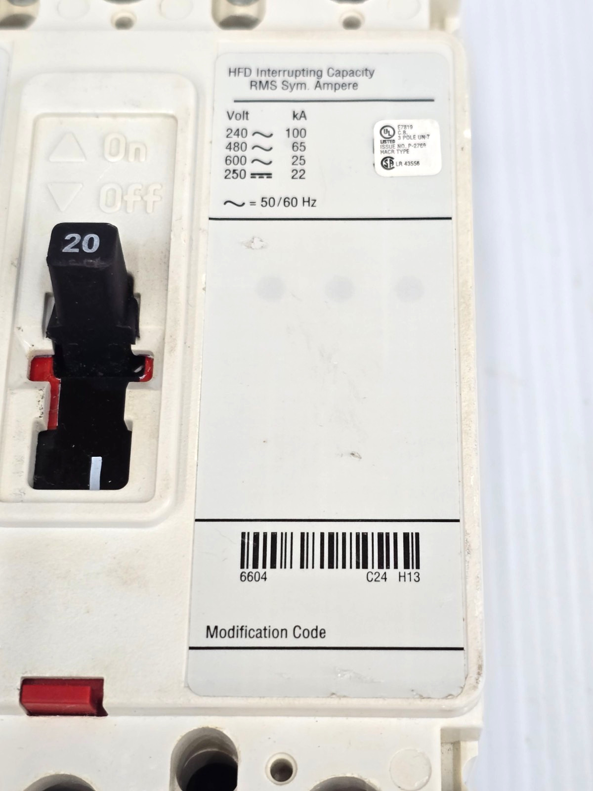 Eaton 20 Amp Industrial Circuit Breaker 600 VAC 3 Pole 100 kA HFD3020BP10