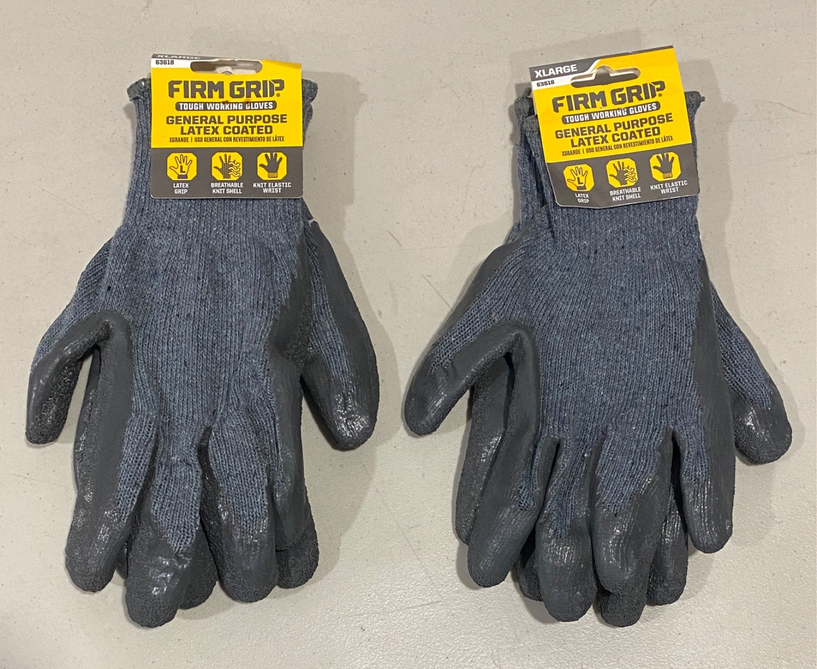 2x Firm Grip Tough Working Gloves – General Purpose Latex Coated – X-Large