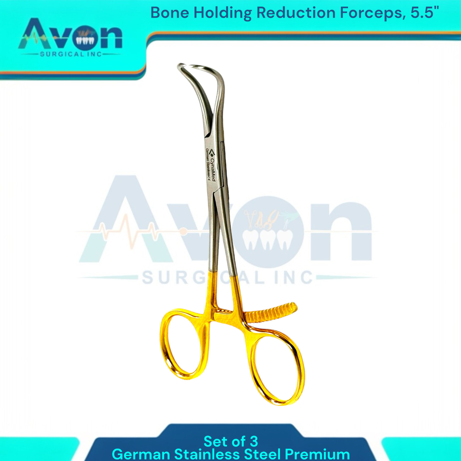 Premium Bone Holding Reduction Forceps 5.5″ w/ Ratcheting Gold Handle, 3PK