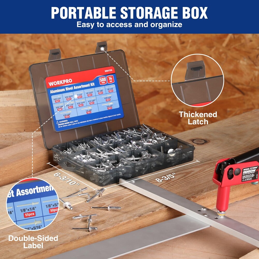 WORKPRO 500pc Aluminum Blind Rivets 14Size Pop Rivets Assortment Kit Case-Sliver