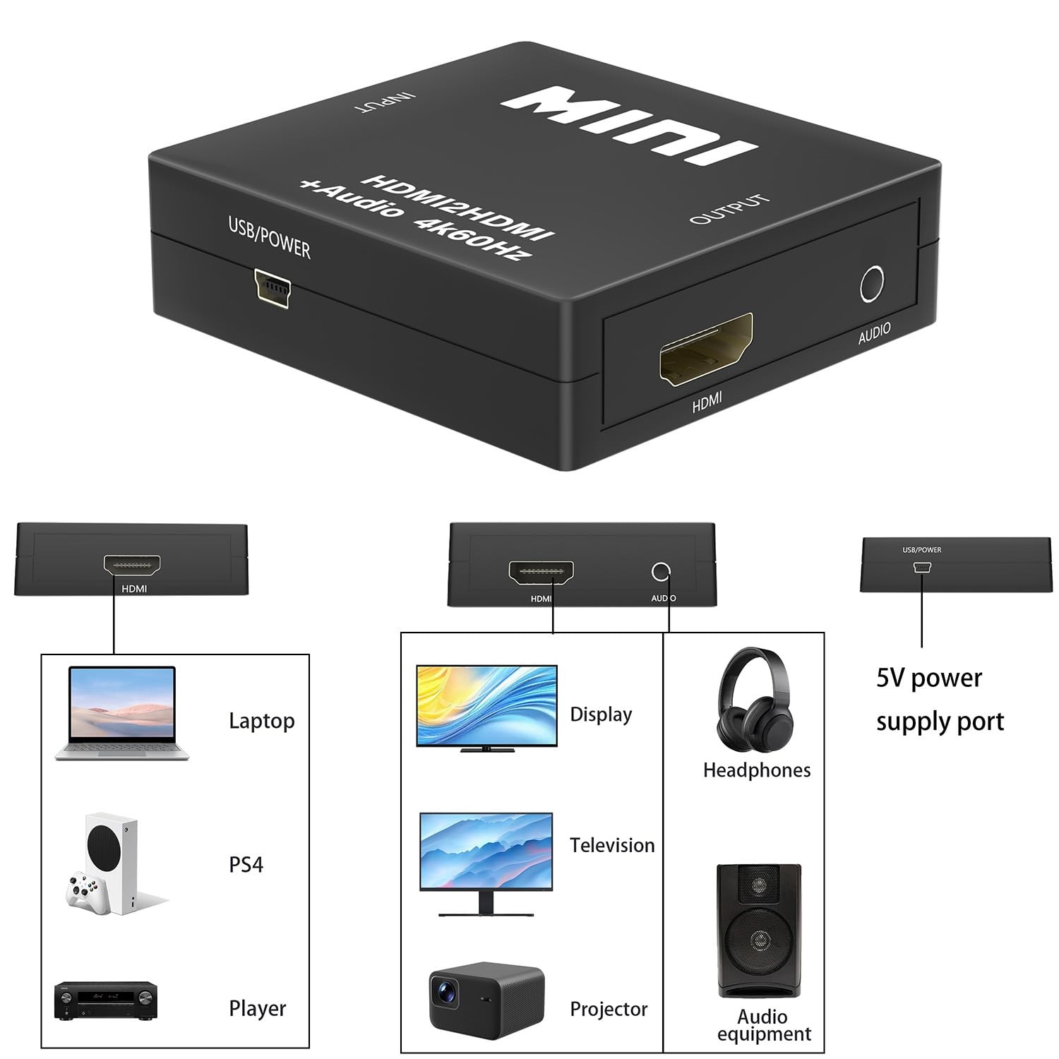 4K 60Hz HDMI Audio Extractor Converter, HDMI to 3.5mm AUX Audio Adapter