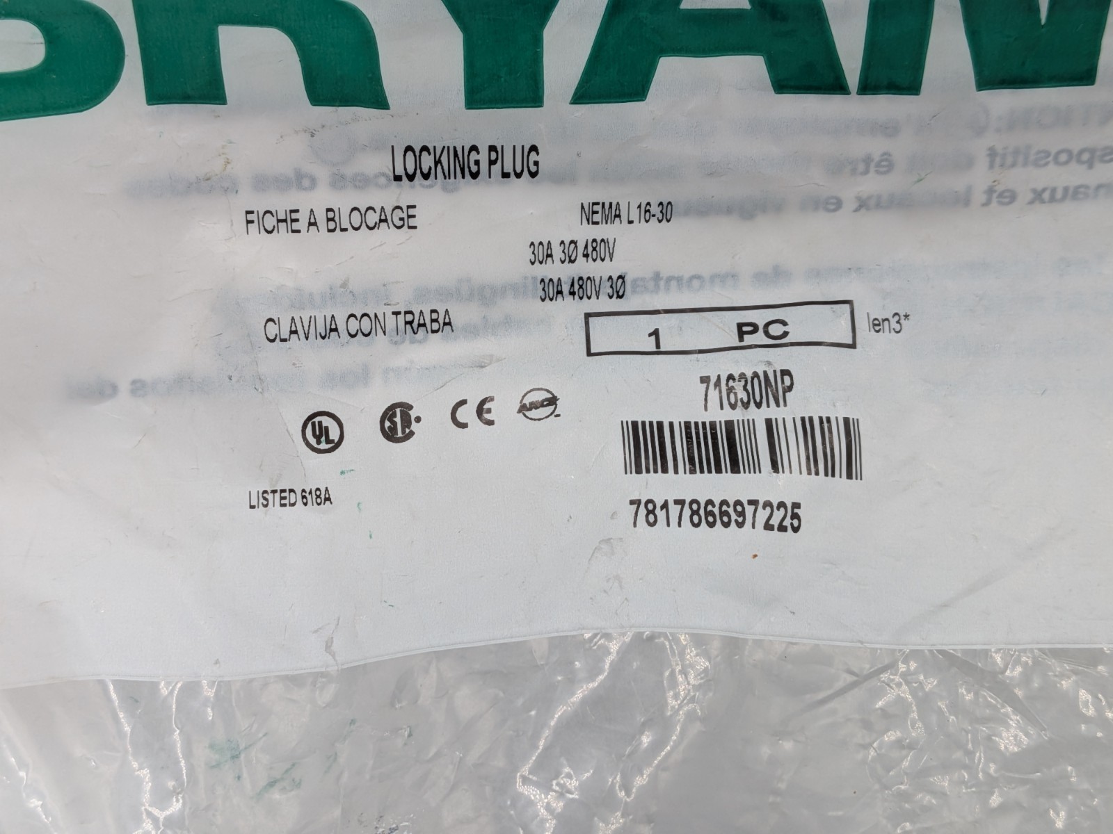 Bryant L16-30 Locking Plug Set 30A 480V 3 Phase 3P 4W 71630NP 71630NC TwistLock