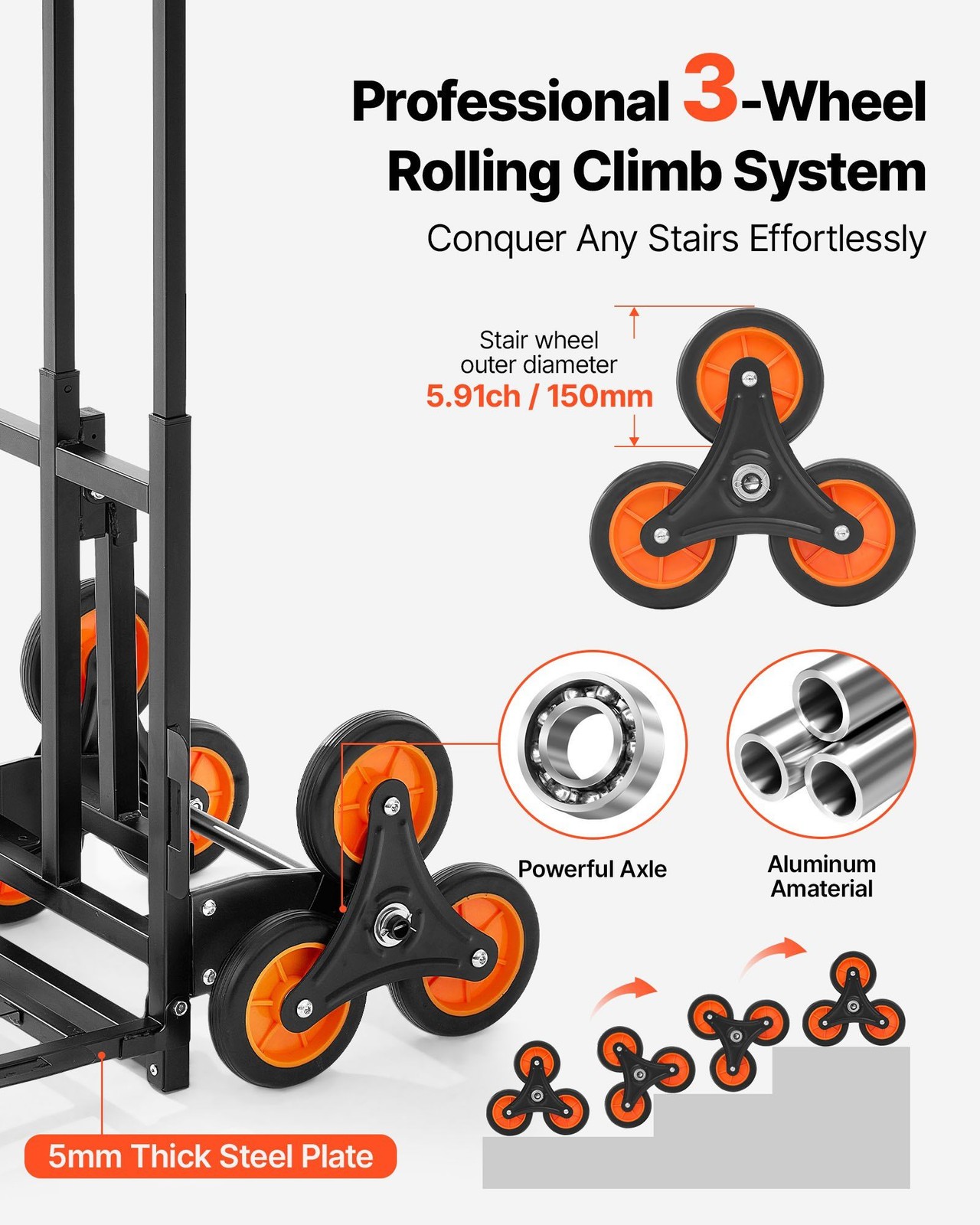 220lb Stair Climber Dolly: Carbon-Steel Frame, 6-Wheel Tri-Mode Hauling Cart