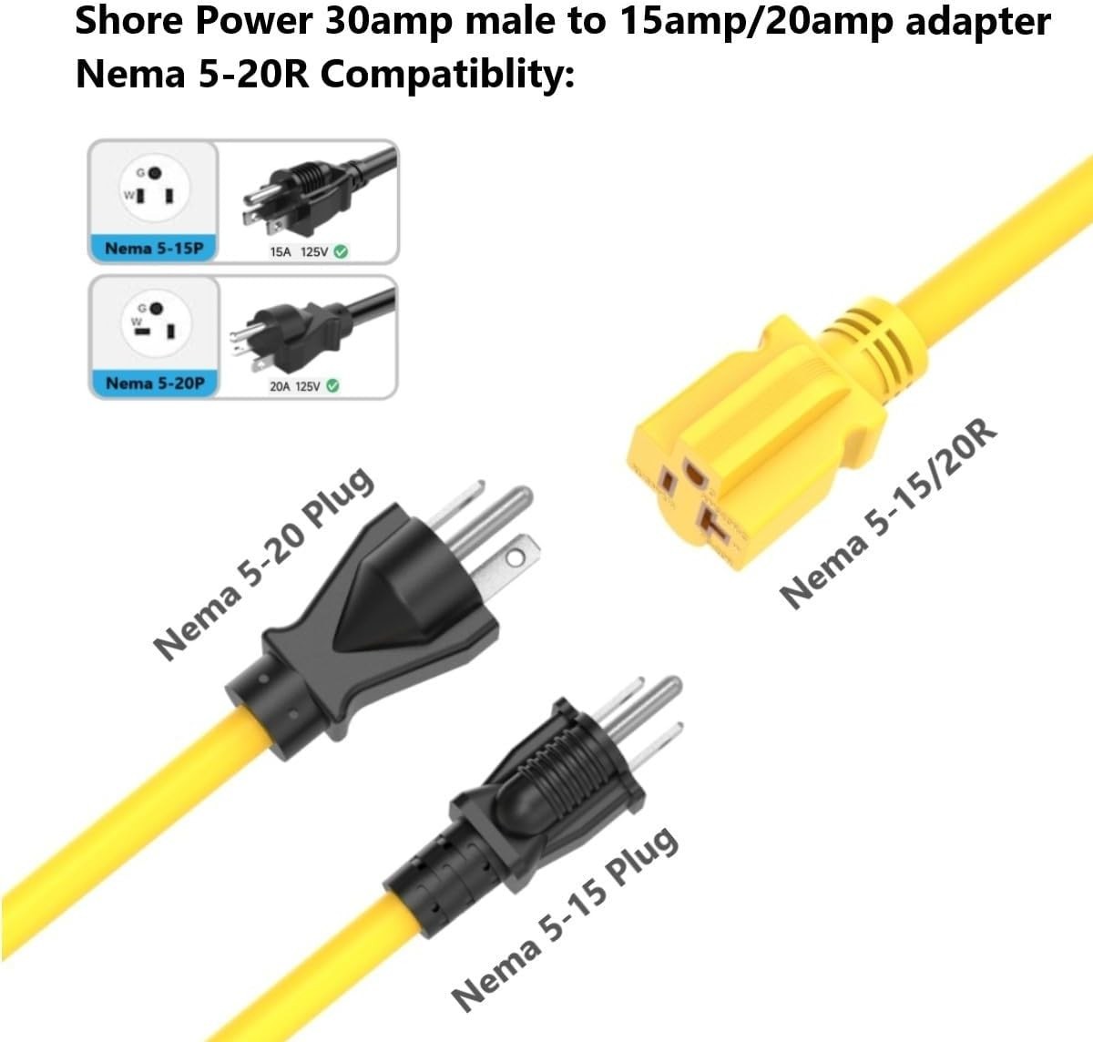 30 Amp L5-30P to 15 Amp 5-15R Marine Shore Power Cord Adapter Pigtail RV Boat