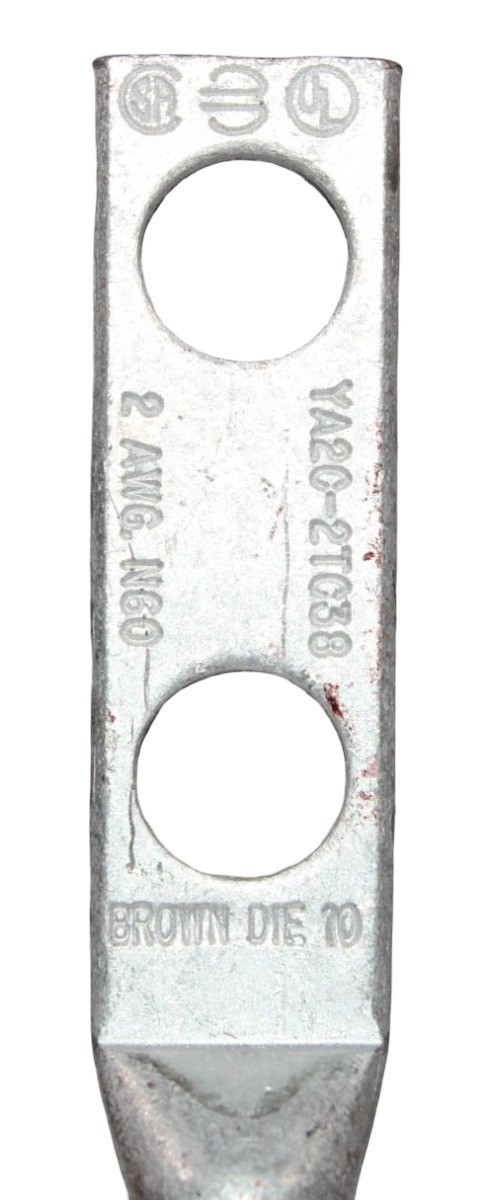 Burndy YA2C‑2TC38 Copper Compression Lug 2 AWG 2‑Hole 3/8″ Stud Tin‑Plated Hylug