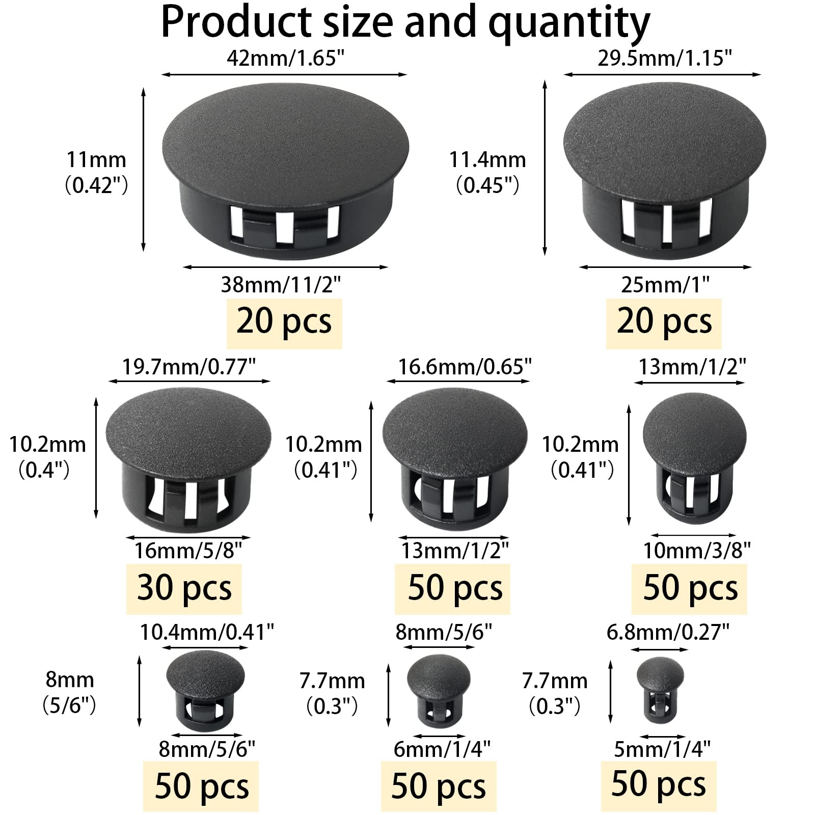 320Pcs 8 Sizes Black Plugs Hole Plastic Round Plugs,
