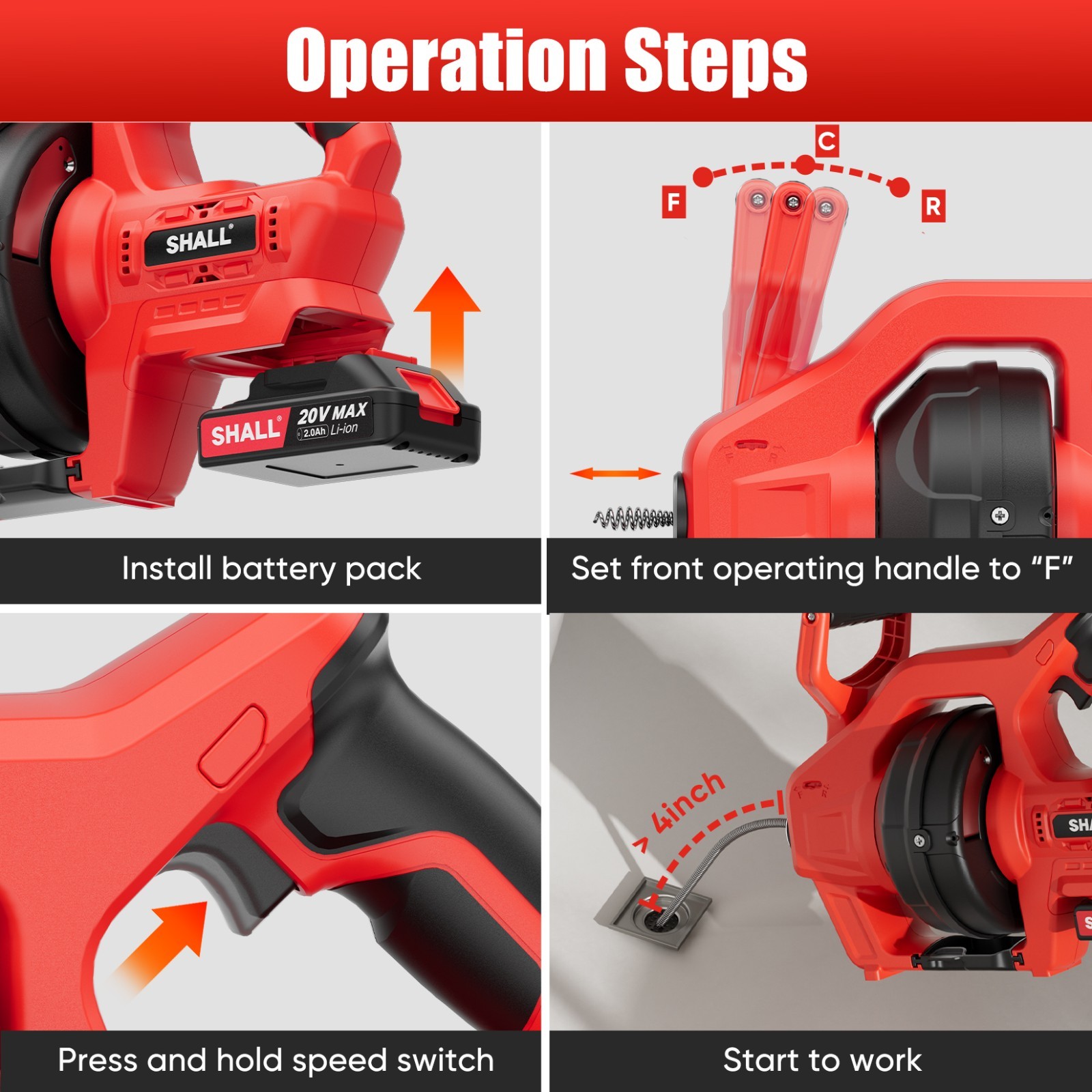 SHALL 20V Cordless Drain Auger, for 3/4’’-2’’ Sewer Pipe, Sink Toilet Bathroom