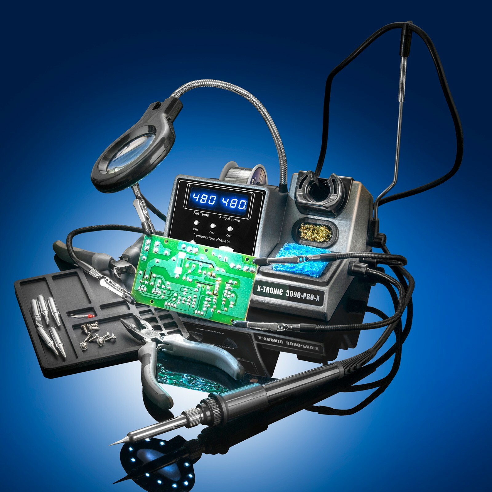 X-Tronic 3090-PRO-X 75 Watt Dual LED Soldering Iron Station Kit Plus Accessories