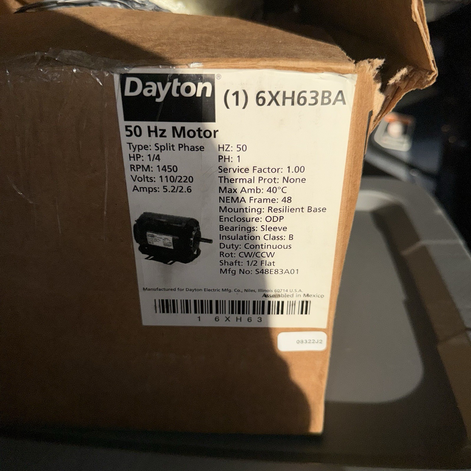 Dayton 6Xh63ba 50 Hz Motor 1/4 Hp 1450RPM 110/220 Volts 48 Frame ODP New