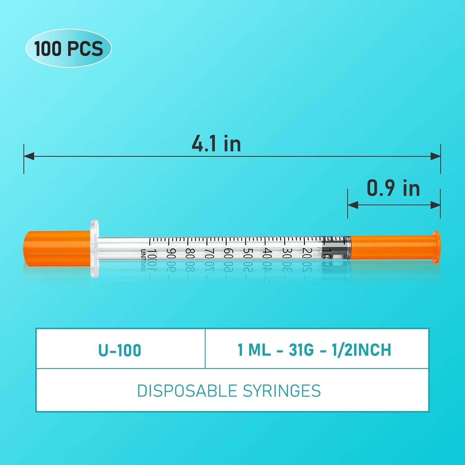 High Precision U-100 Syringes 31G 1/2 Inch, 100 Pack – Smooth Plunger Operation