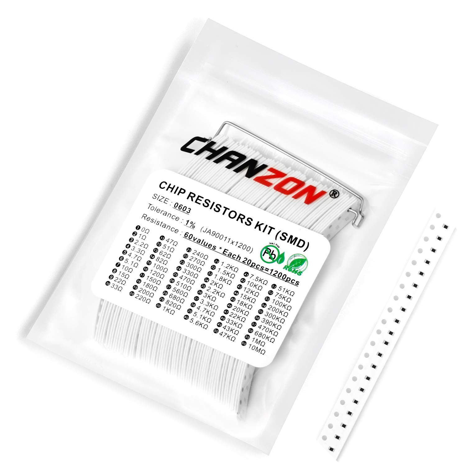 Chanzon 1200pcs 0603 SMD Resistor Kit 0-10M Ω ohm 60 Values 1/10W 0.1W ±1%…