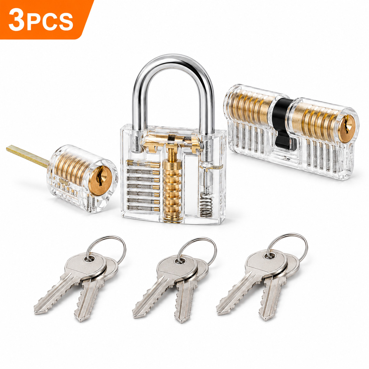 3PC Clear Acrylic Practice Lock Transparent Cutaway Pin Tumbler Training Set