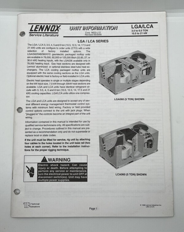 LENNOX Service Literature LGA/LCA Series 3.0 to 6.0 Ton HVAC Users Manual