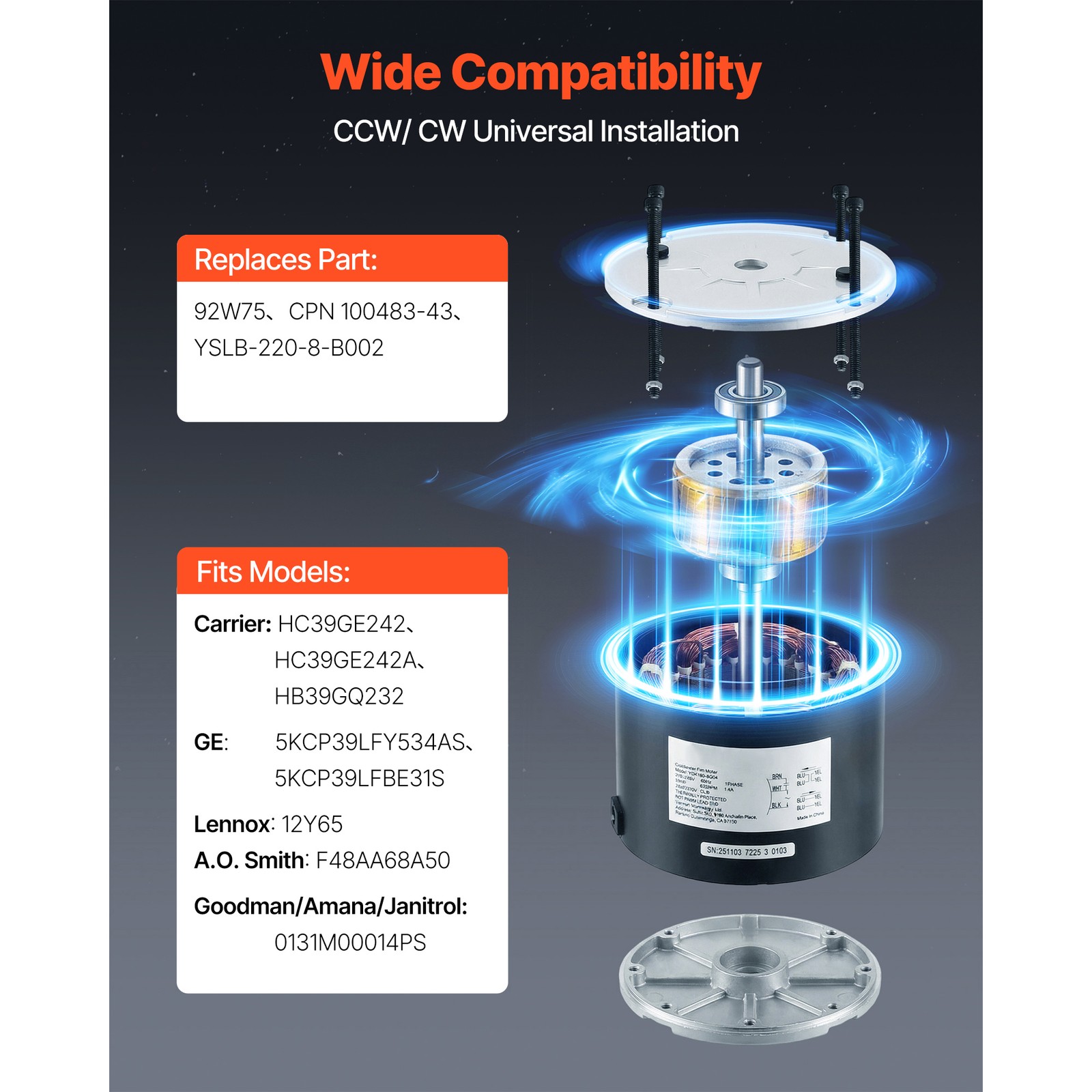 Uimoso Condenser Fan Motor with Capacitor 1/4HP 825RPM 208-230V Dual Rotation