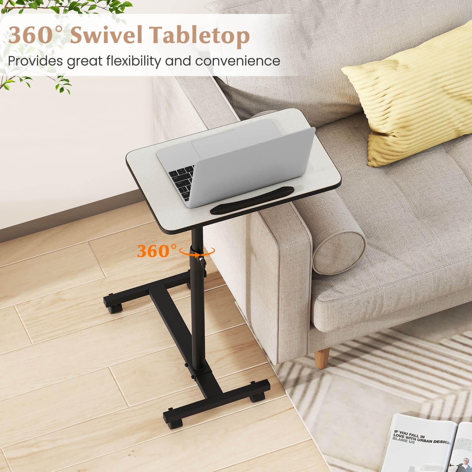 Costway Overbed Rolling Table Over Bed Laptop Food Tray Desk Tilting Top Grey