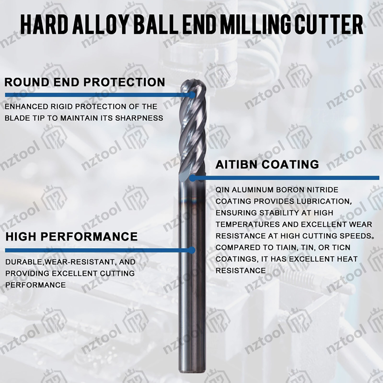 5 PCS 4 Flute 3/16″ x 2″ Overall Length Ball Nose Carbide End Mill AlTiN Coated