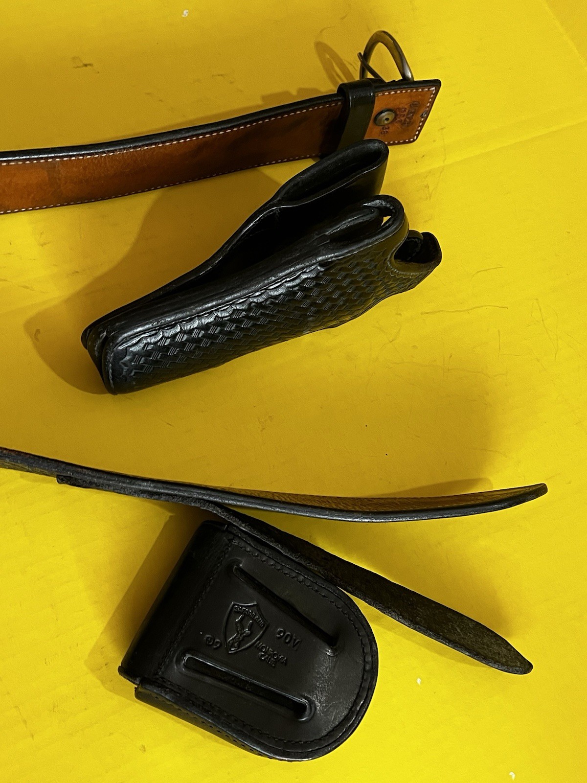 Bianchi #350 Basket Weave Holster, Leather Belt Size 38, Safariland Handcuff