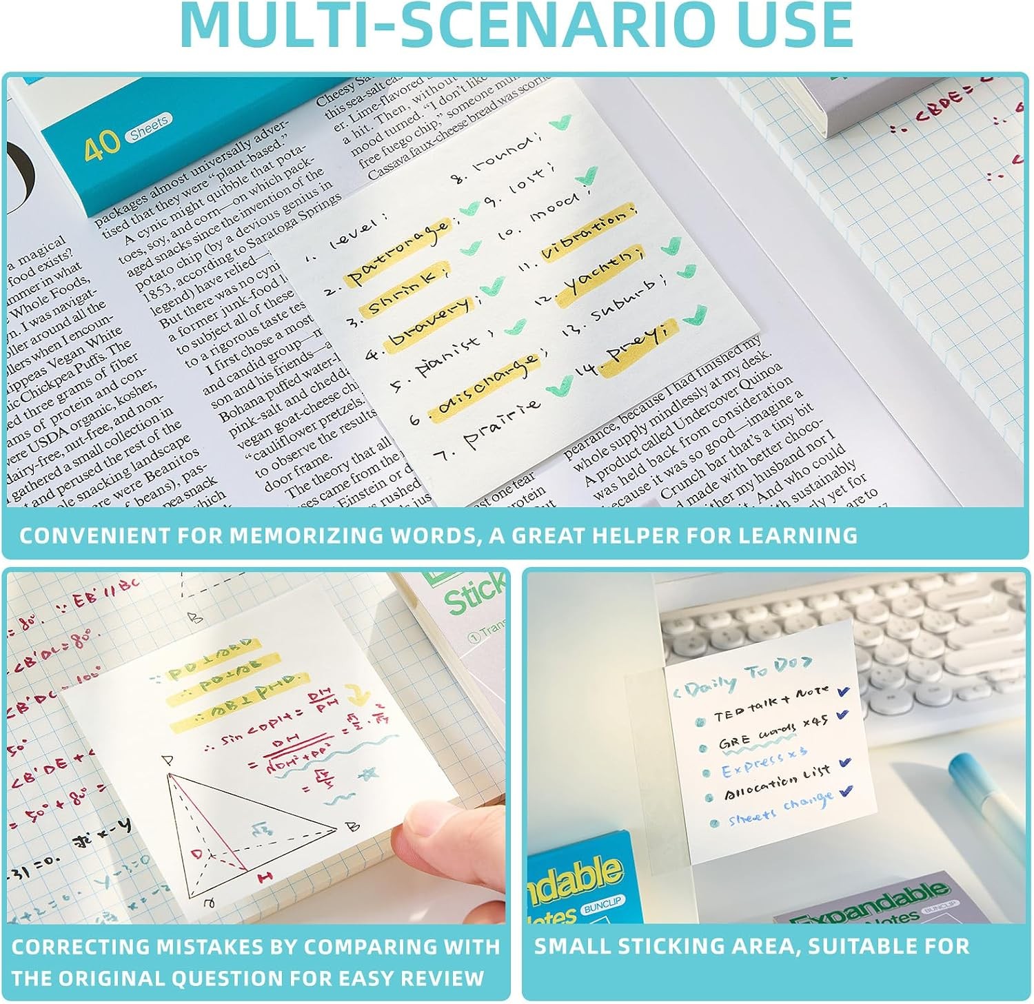 Expandable Sticky Notes, 4 Pack 3×3 Inch White Self-Stick Pads | 40 sheets per